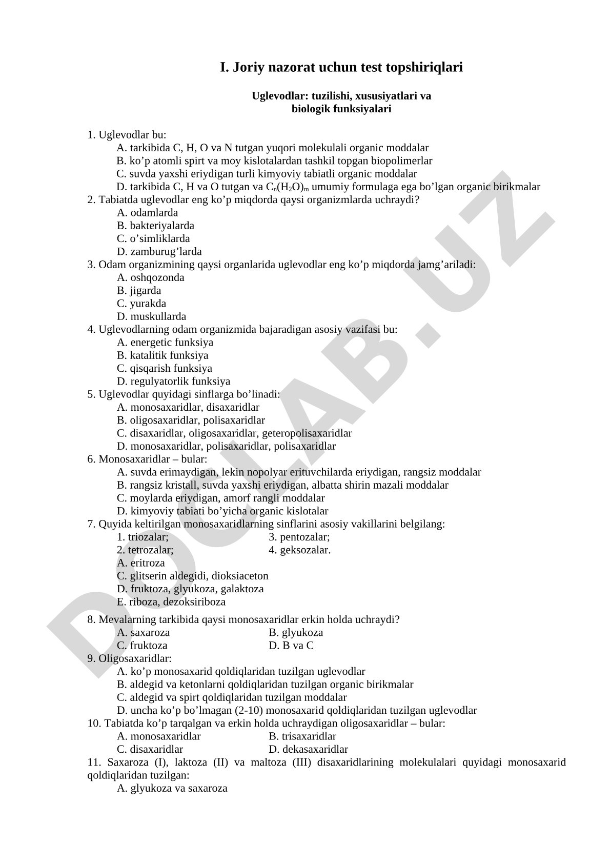 Uglevodlar: tuzilishi, xususiyatlari va biologik funksiyalari