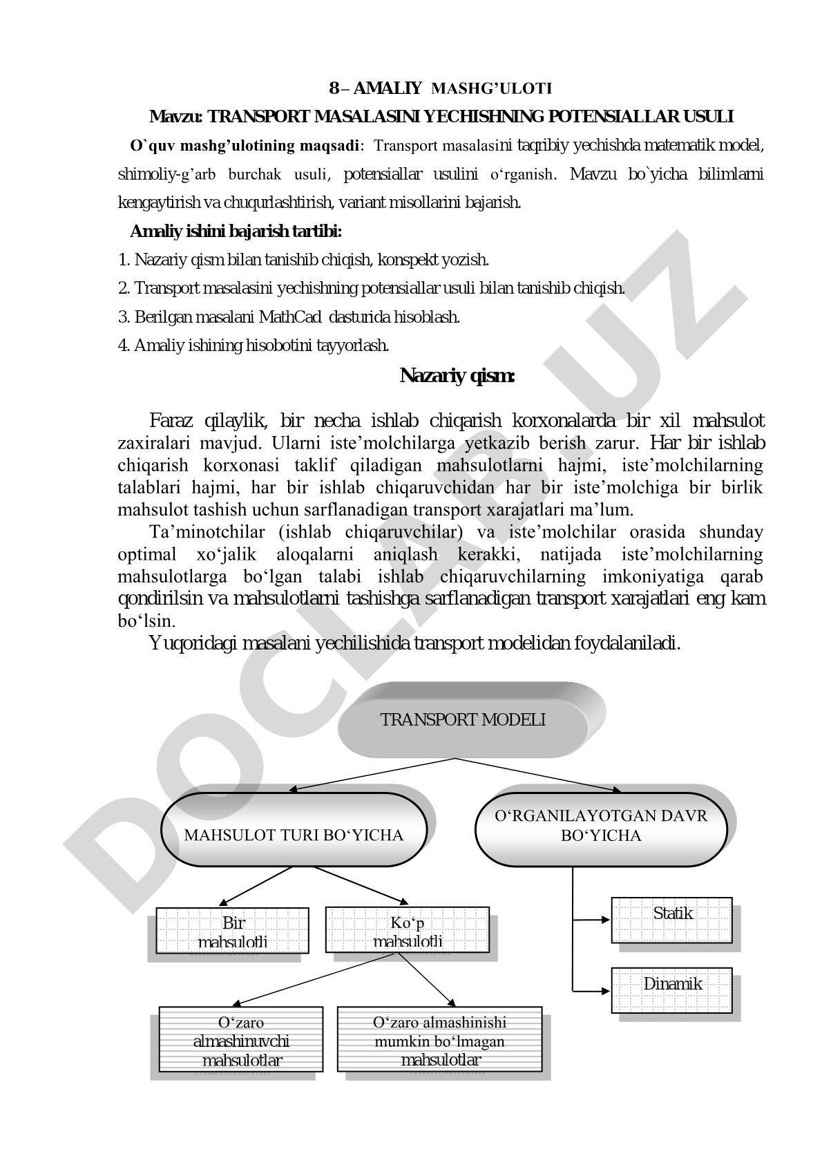 Transport masalasini yechishning potensiallar usuli