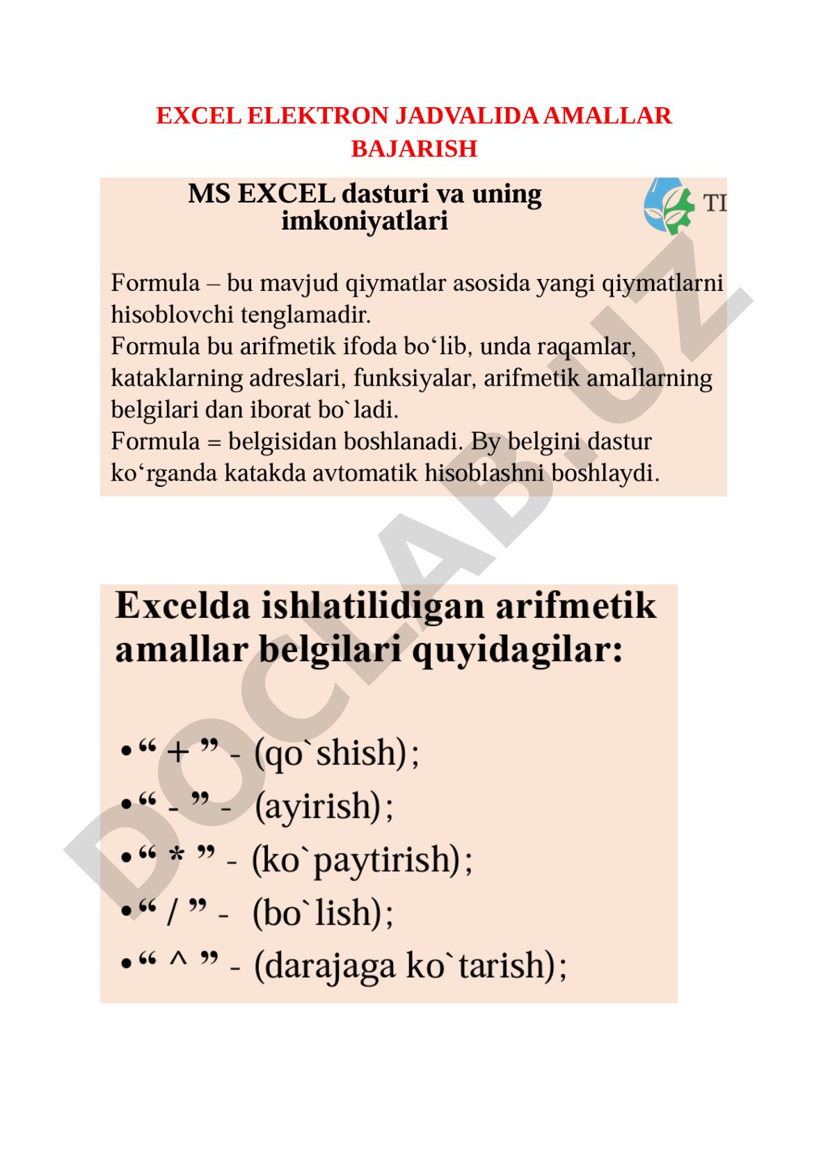 Excel elektron jadvalida amallar bajarish