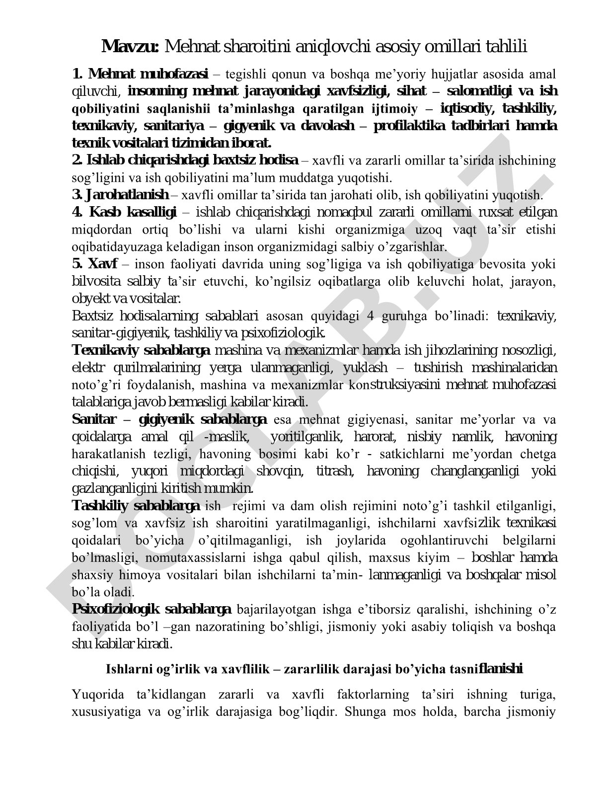 Mehnat sharoitini aniqlovchi asosiy omillari tahlili