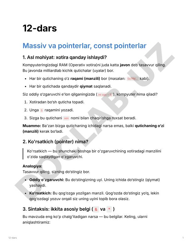Massiv va pointerlar, const pointerlar