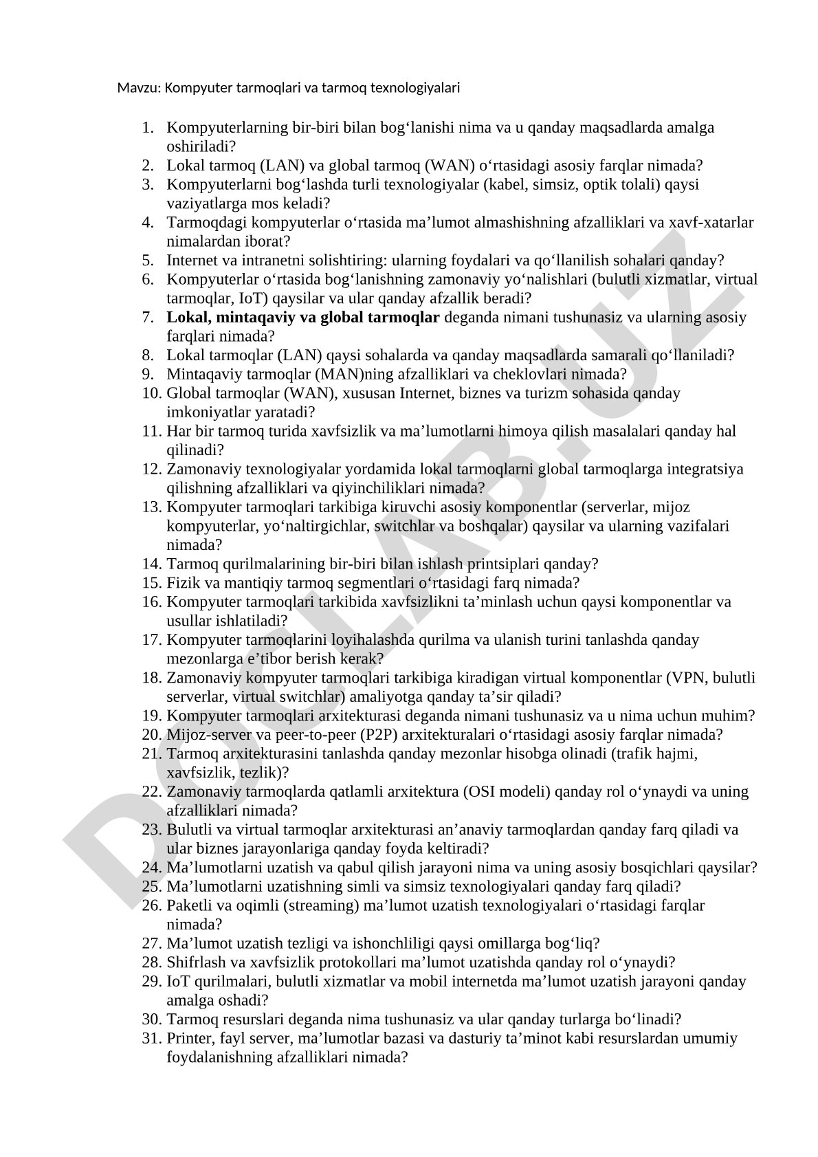 Kompyuter tarmoqlari va tarmoq texnologiyalari Kompyuterlarning bir-biri bilan bog‘lanishi nima va u