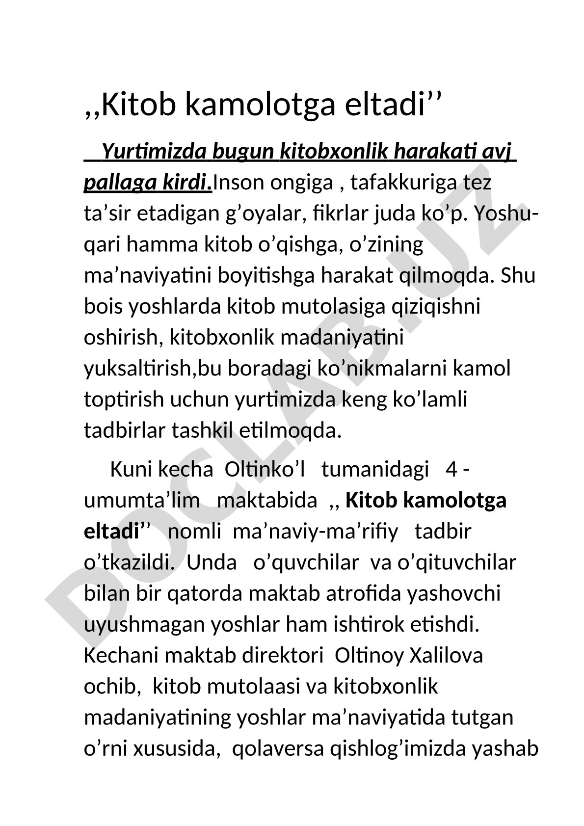 Oltinko'l tumanidagi maktabda kitobxonlik tadbiri o'tkazildi