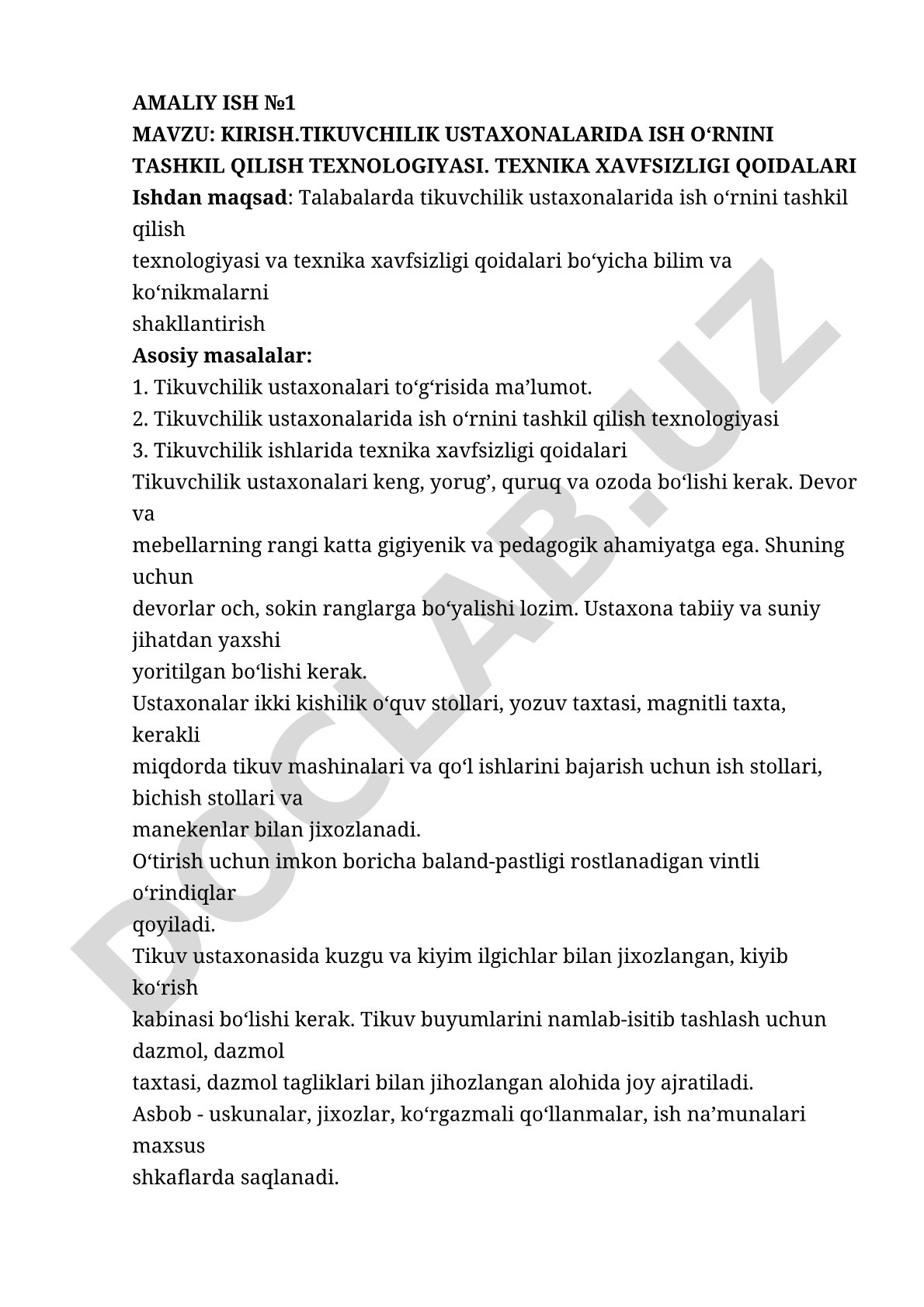 Tikuvchilik ustaxonalarida ish o'rnini tashkil qilish texnologiyasi va texnika xavfsizligi qoidalari