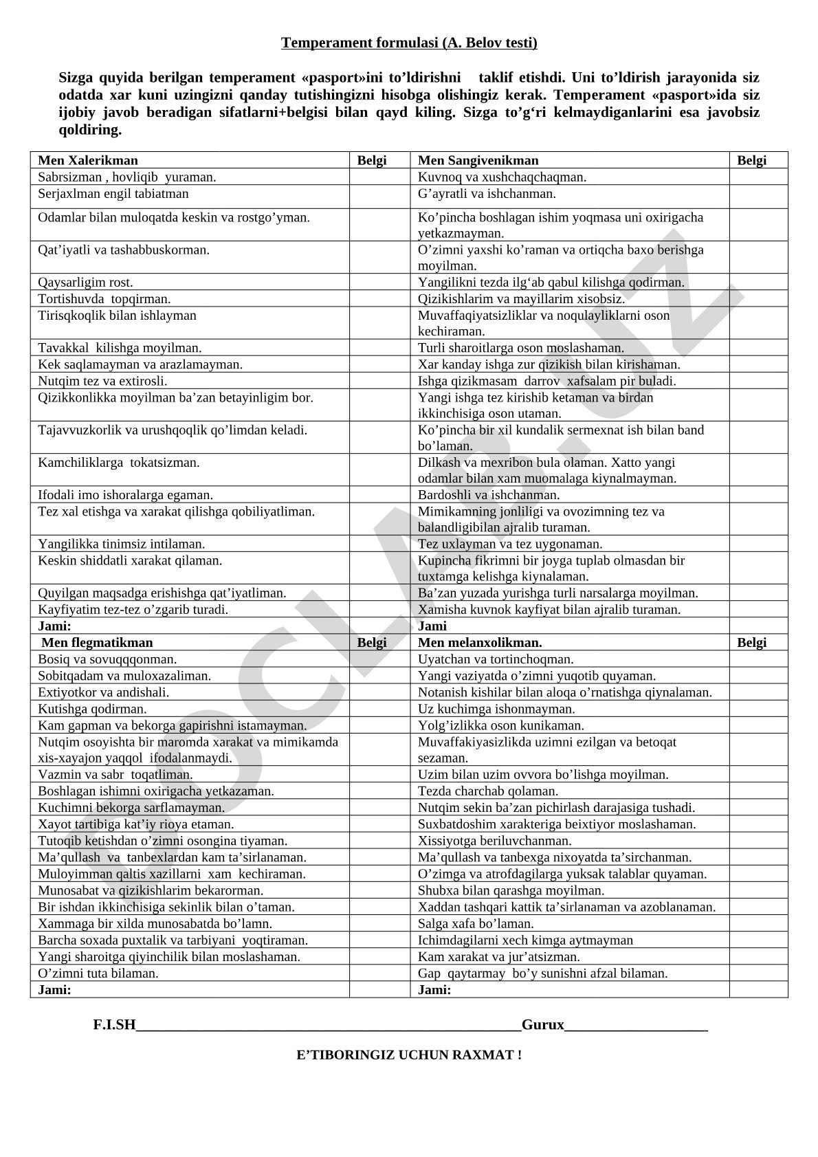 Temperament formulasi (A. Belov testi)