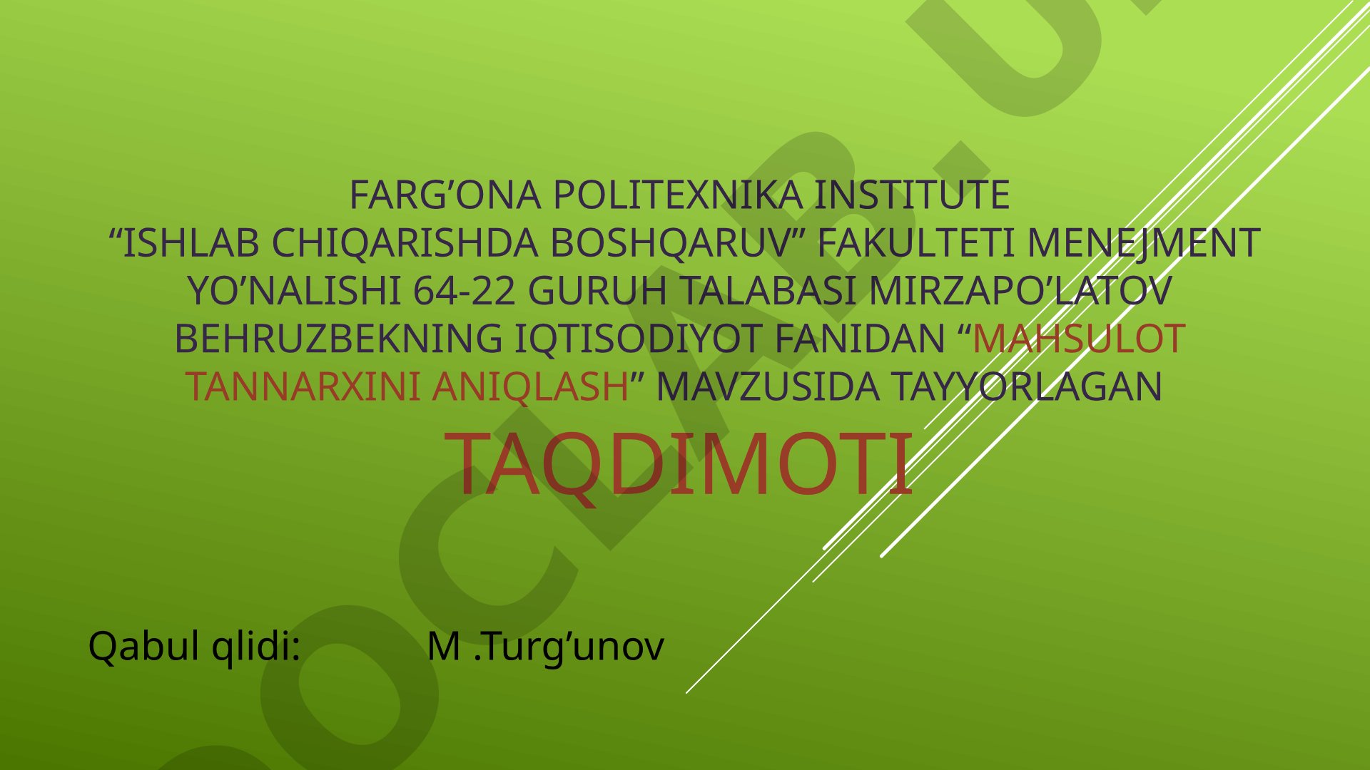 Taqdimotda tannarx tushunchasi, turlari va hisoblash usullari ko'rib chiqilgan