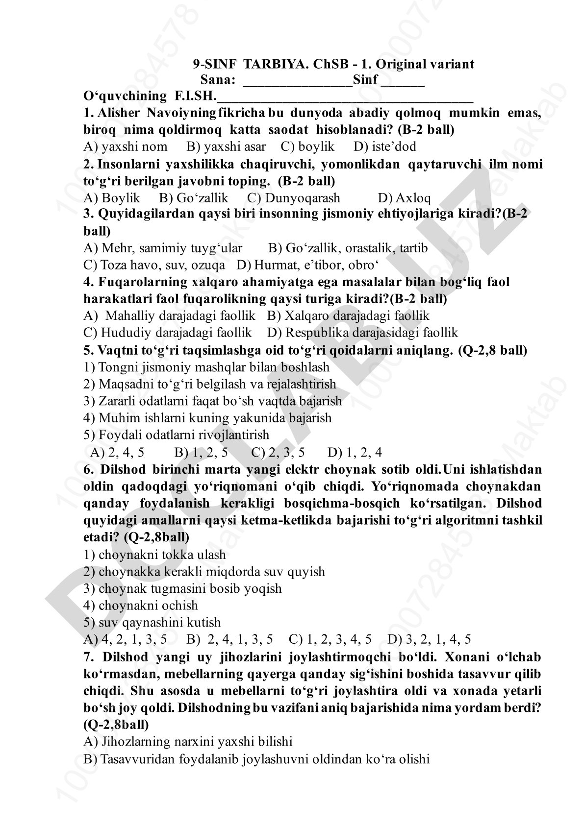 9-sinf Tarbiya ChSB-1 varianti