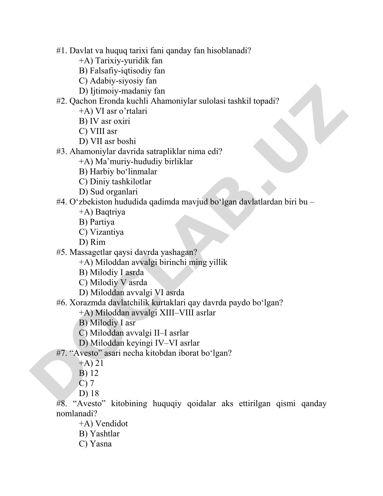 Davlat va huquq tarixi fanidan test savollari