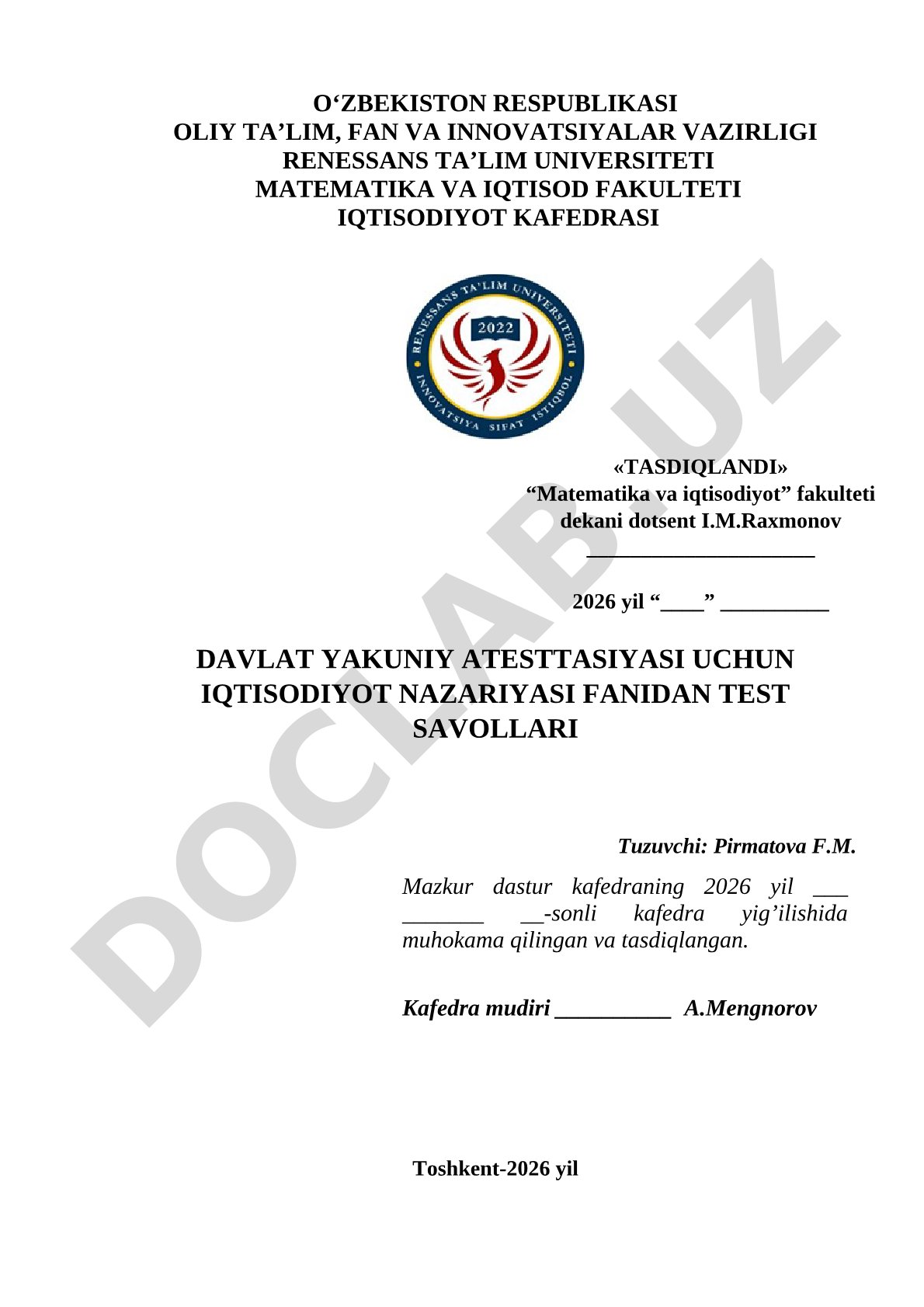 Iqtisodiyot nazariyasi fanidan test savollari