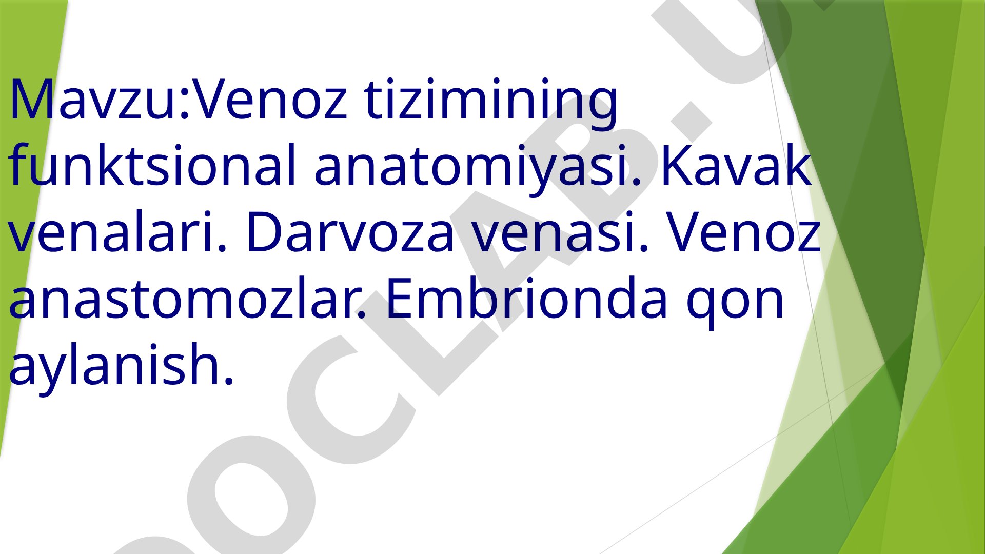Venoz tizimining funktsional anatomiyasi. Kavak venalari. Darvoza venasi. Venoz anastomozlar. Embrionda qon aylanish