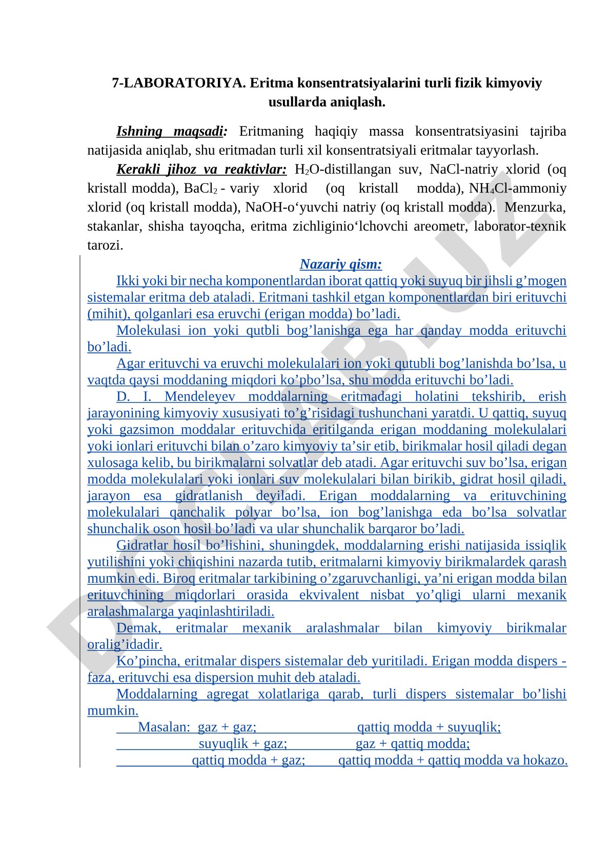 Eritma konsentratsiyalarini turli fizik kimyoviy usullarda aniqlash