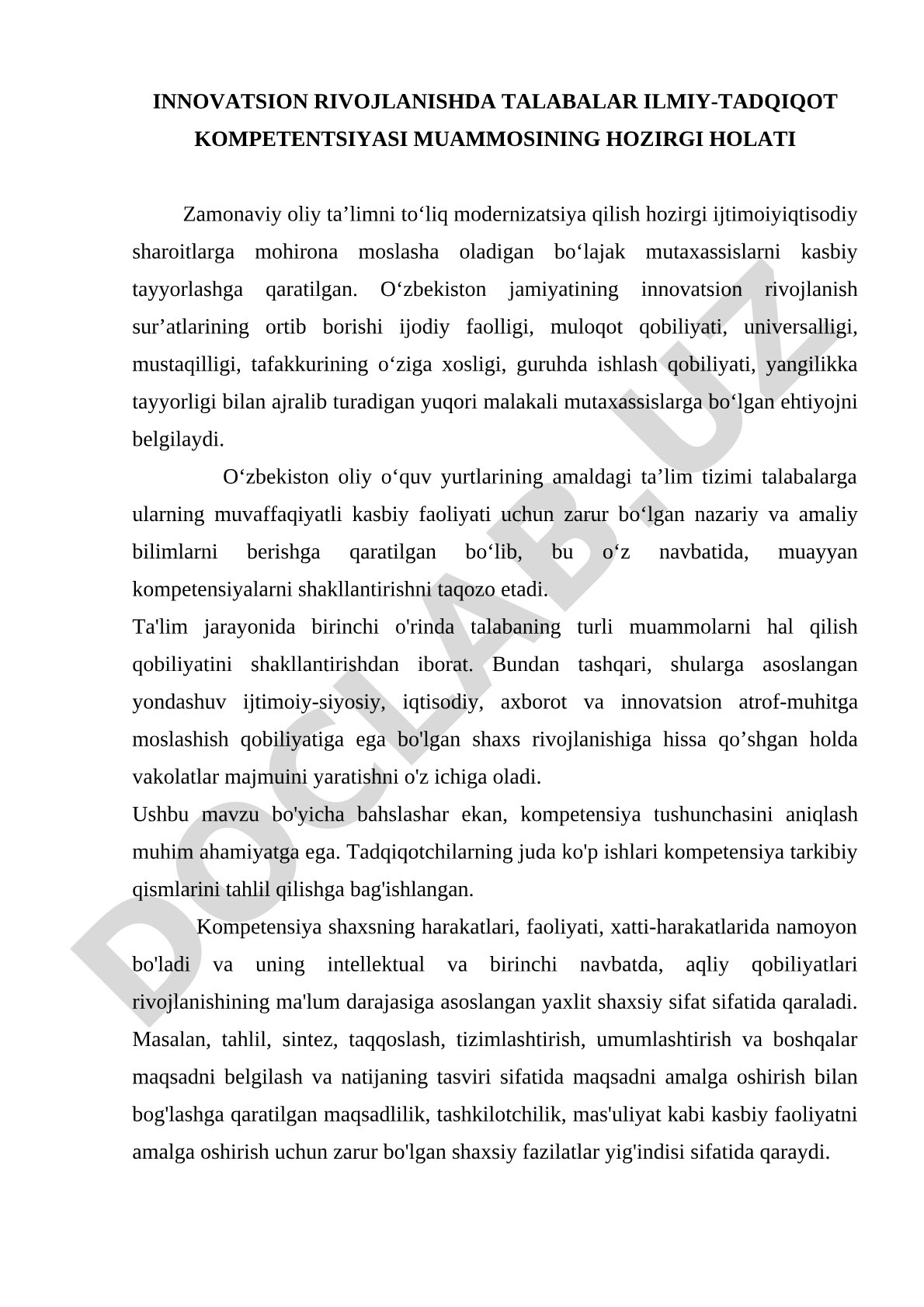 Innovatsion rivojlanishda talabalar ilmiy-tadqiqot kompetentsiyasi muammosining hozirgi holati