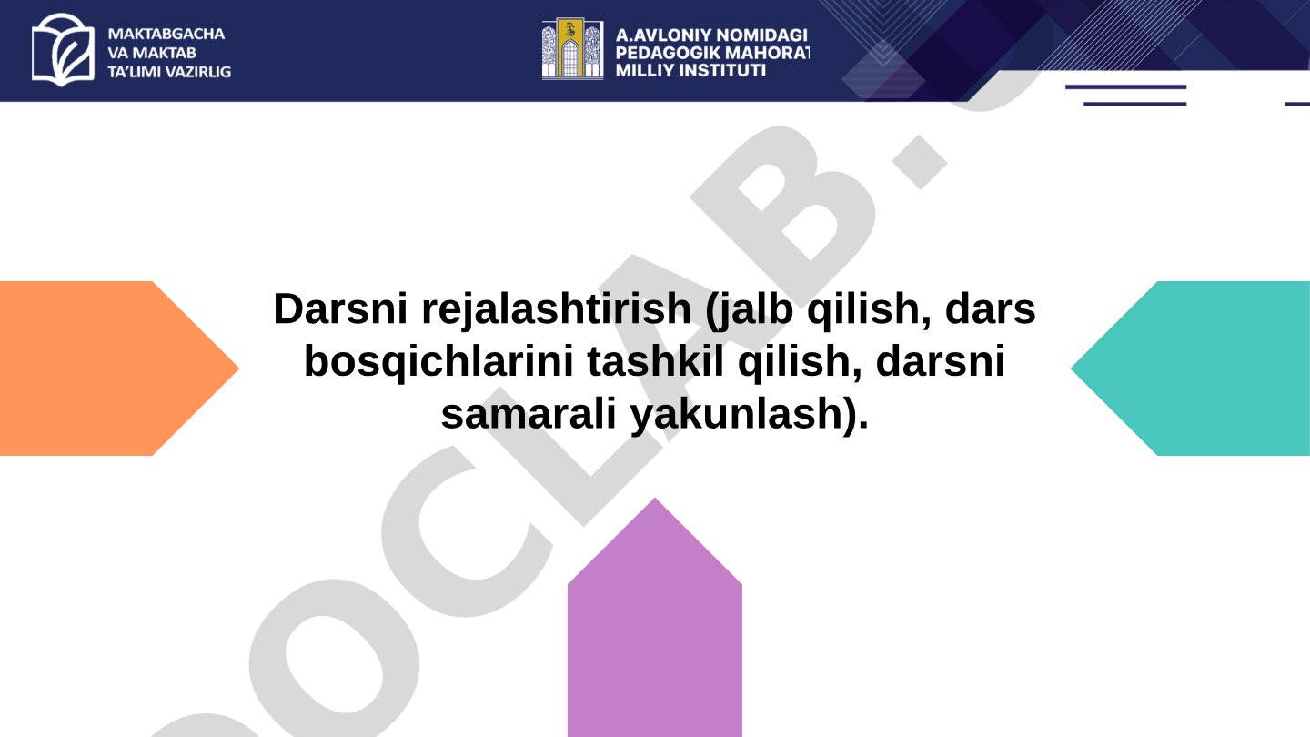Darsni rejalashtirish (jalb qilish, dars bosqichlarini tashkil qilish, darsni samarali yakunlash)