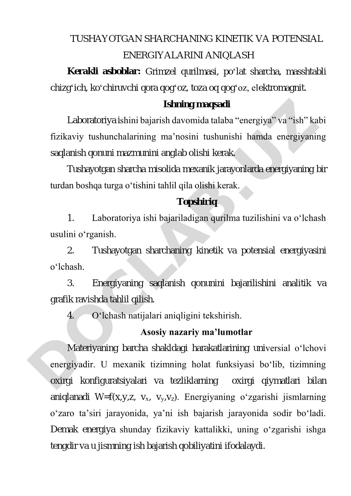 Tushayotgan sharchaning kinetik va potensial energiyalarini aniqlash