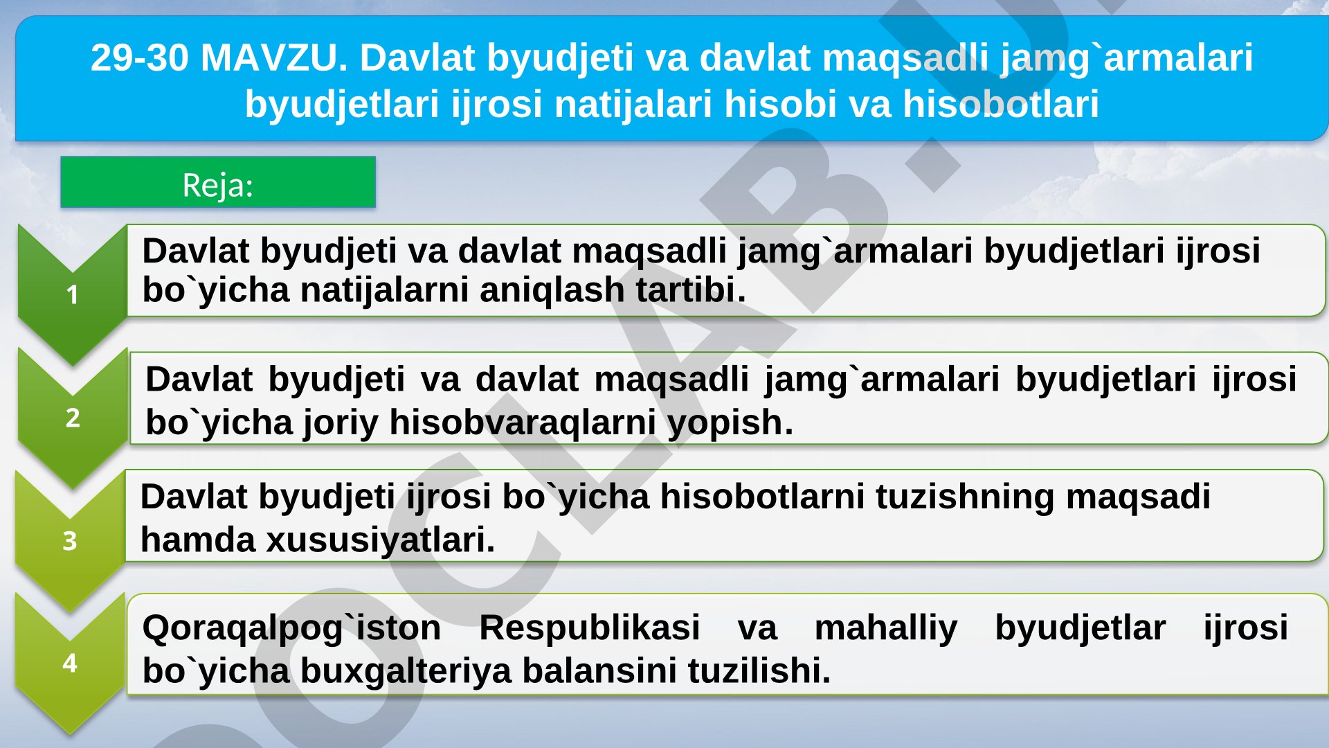Davlat byudjeti va davlat maqsadli jamg`armalari byudjetlari ijrosi natijalari hisobi va hisobotlari