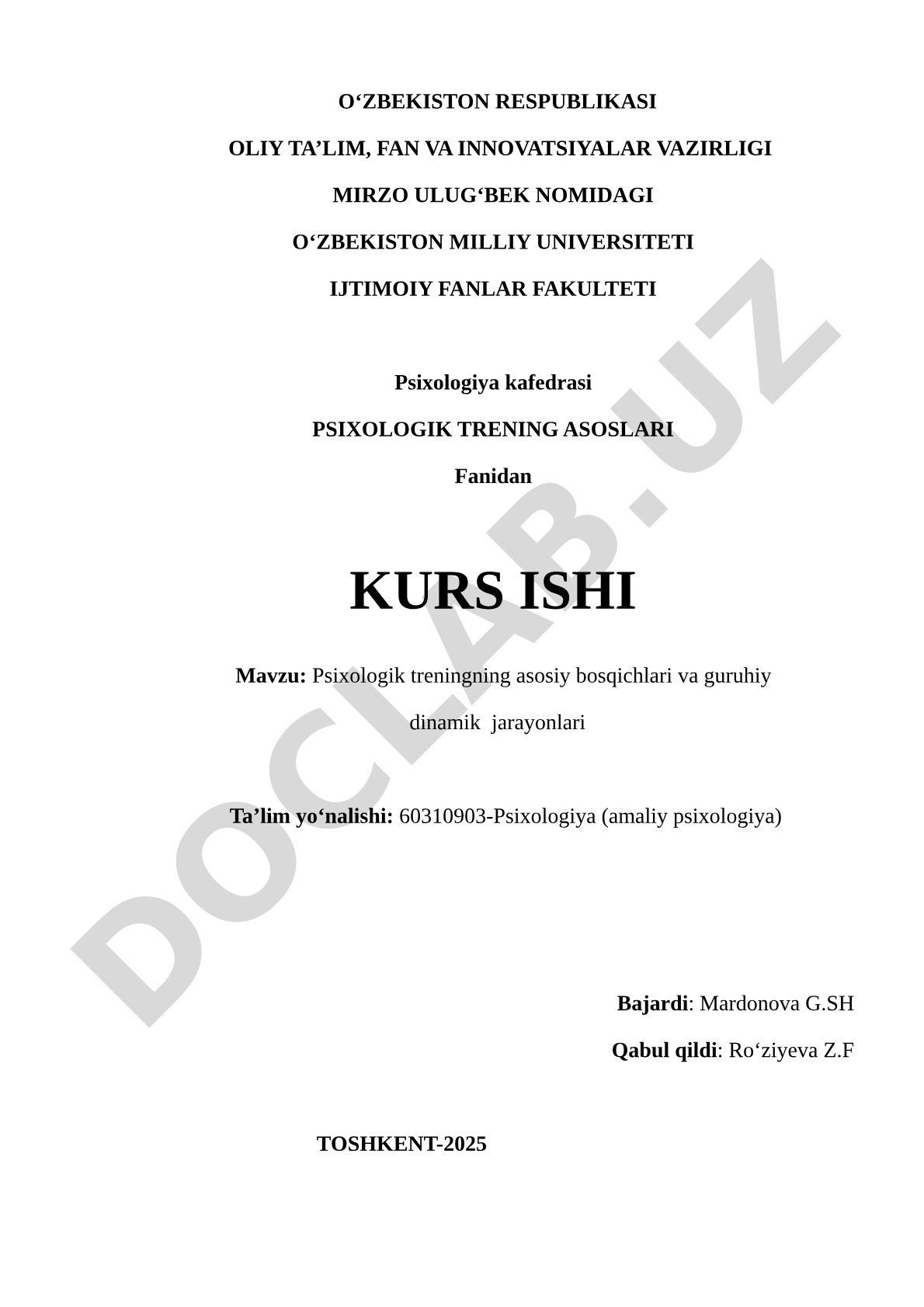 Psixologik treningning asosiy bosqichlari va guruhiy dinamik jarayonlari