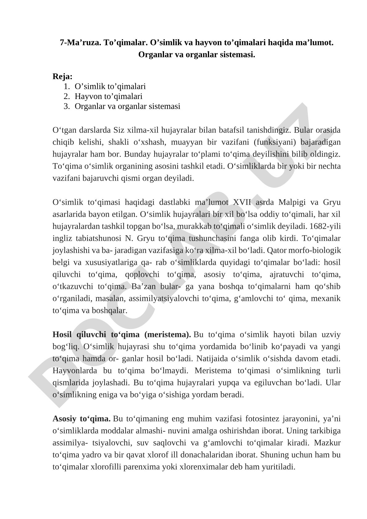 To’qimalar. O’simlik va hayvon to’qimalari haqida ma’lumot. Organlar va organlar sistemasi.