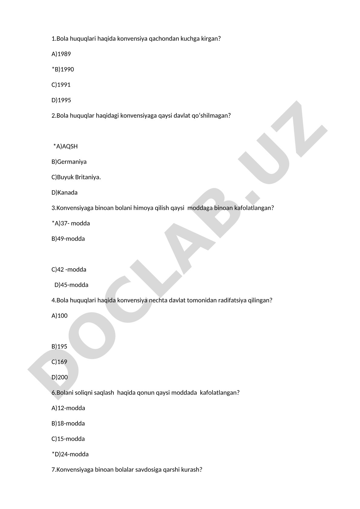 Bola huquqlari haqidagi konvensiya test savollari