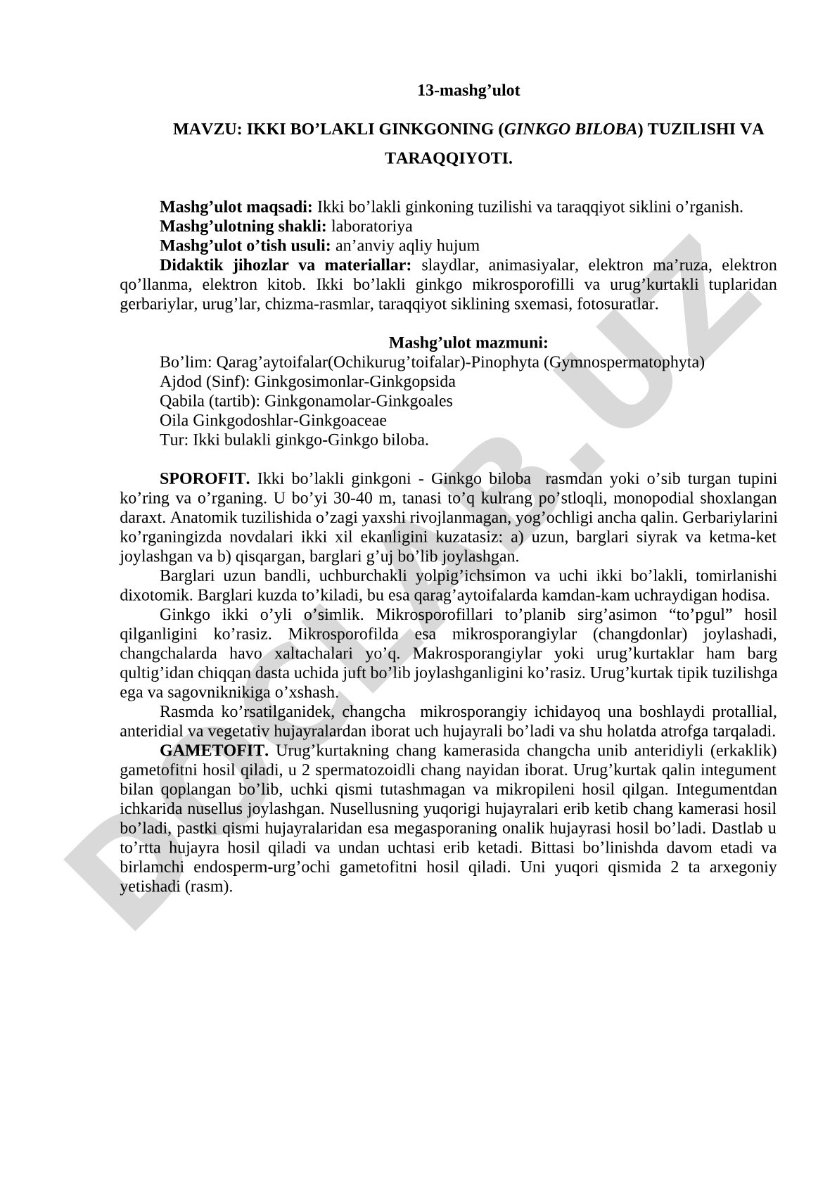 IKKI BO’LAKLI GINKGONING (GINKGO BILOBA) TUZILISHI VA TARAQQIYOTI