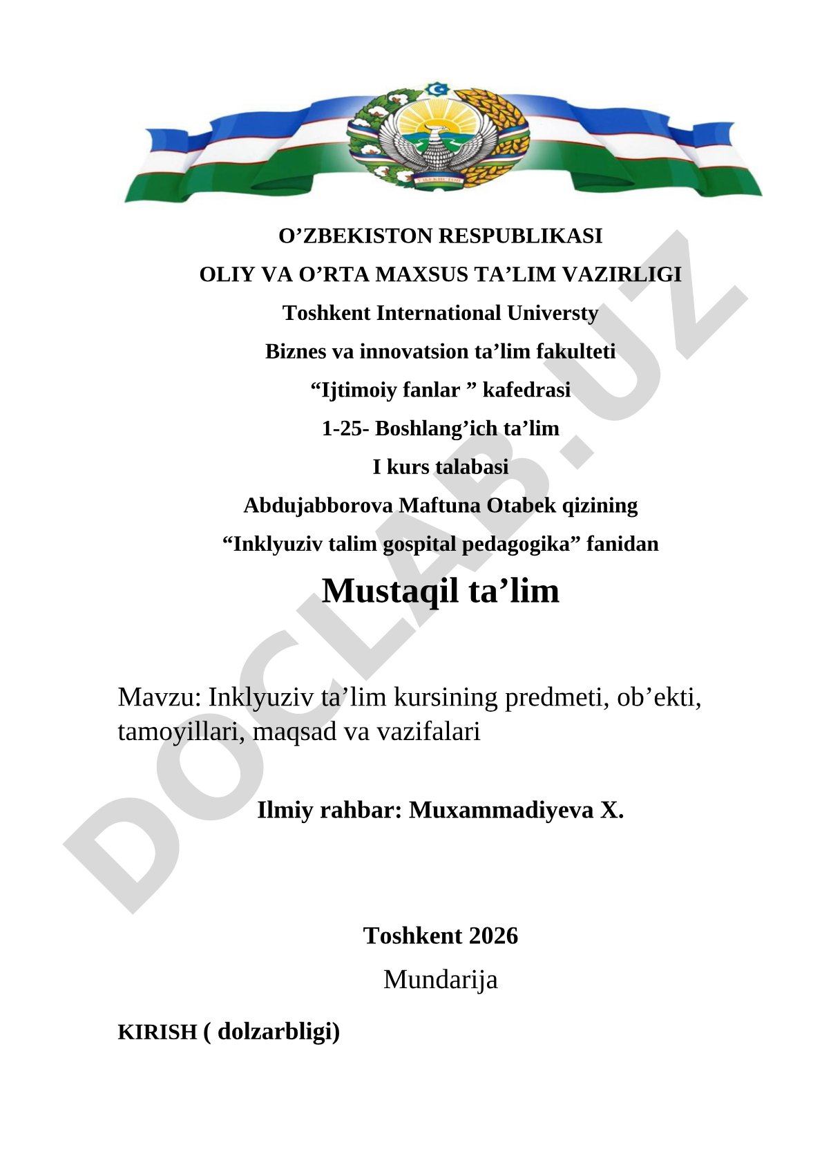 Inklyuziv ta'lim kursining predmeti, ob'ekti, tamoyillari, maqsad va vazifalari