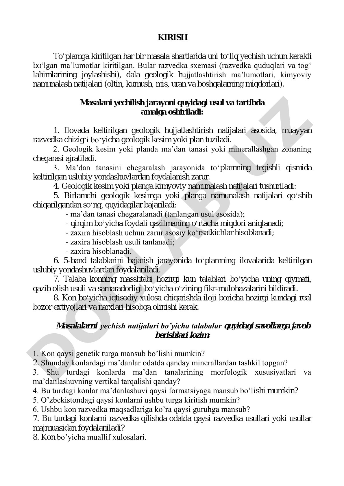 Foydali qazilma zaxiralarini hisoblash bo‘yicha geologik masalalar to‘plami
