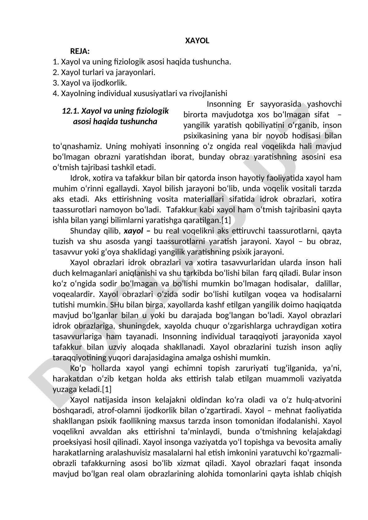 Xayol va uning fiziologik asosi