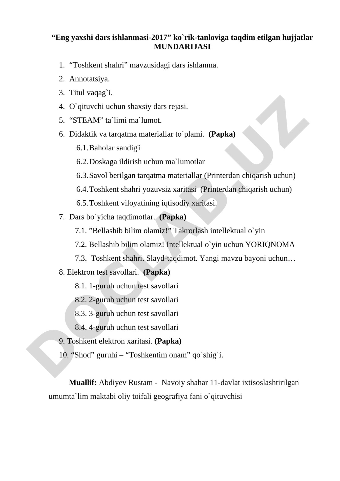 Toshkent shahri mavzusidagi dars ishlanma