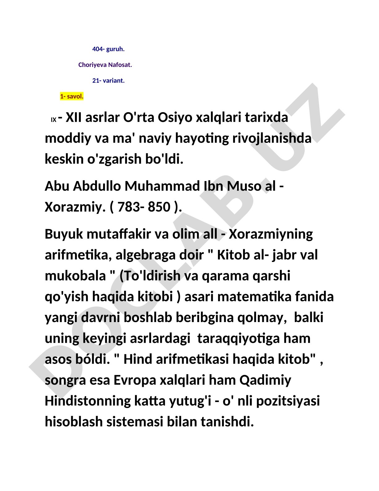 IX - XII asrlar O'rta Osiyo xalqlari tarixda moddiy va ma'naviy hayoting rivojlanishda keskin o'zgarish bo'ldi