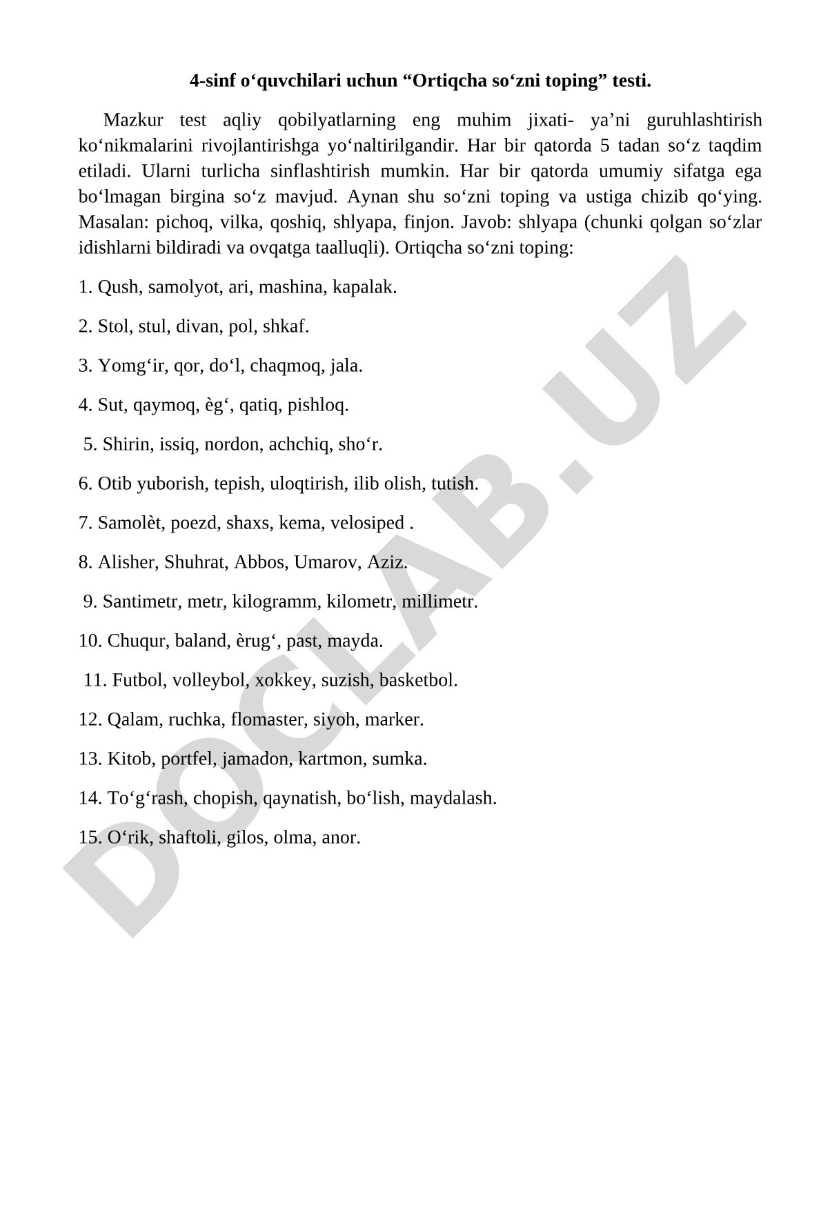 4-sinf o‘quvchilari uchun “Ortiqcha so‘zni toping” testi