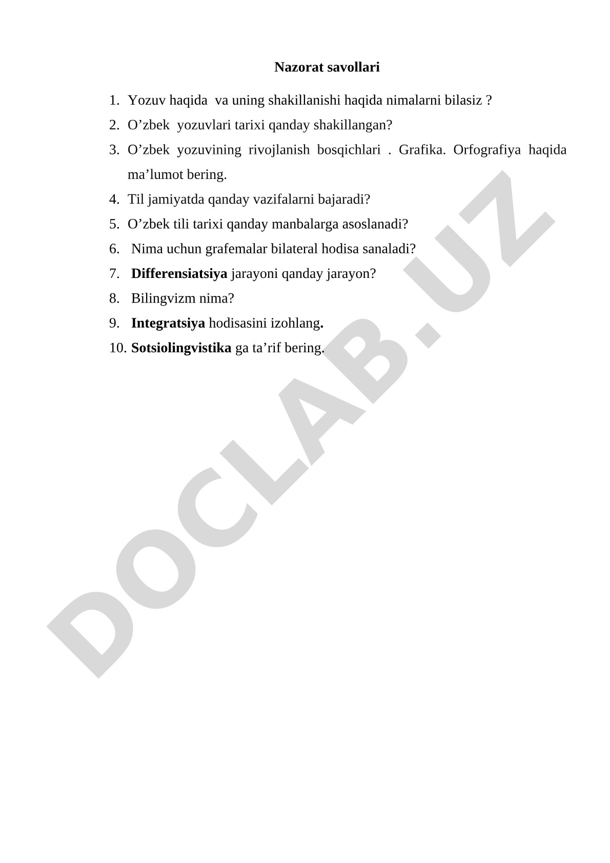 O'zbek yozuvi tarixi va sotsiolingvistika bo'yicha nazorat savollari