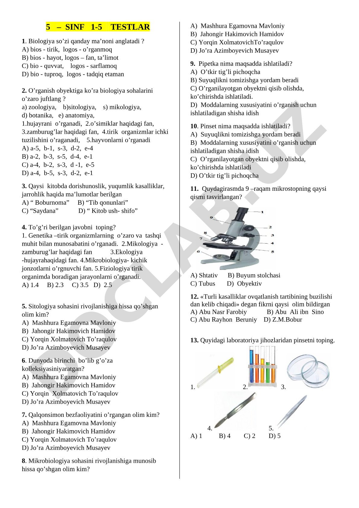 1-5 sinflar uchun biologiya testlari