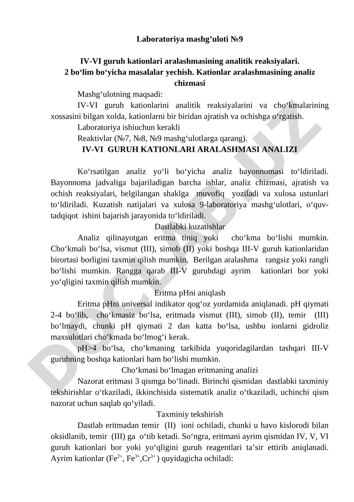 IV-VI guruh kationlari aralashmasining analitik reaksiyalari