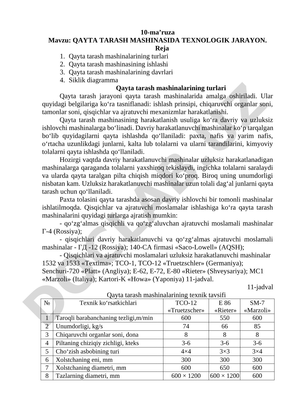 Qayta tarash mashinasida texnologik jarayon