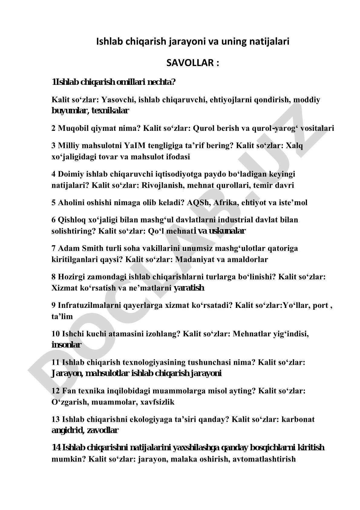 Ishlab chiqarish jarayoni va uning natijalari