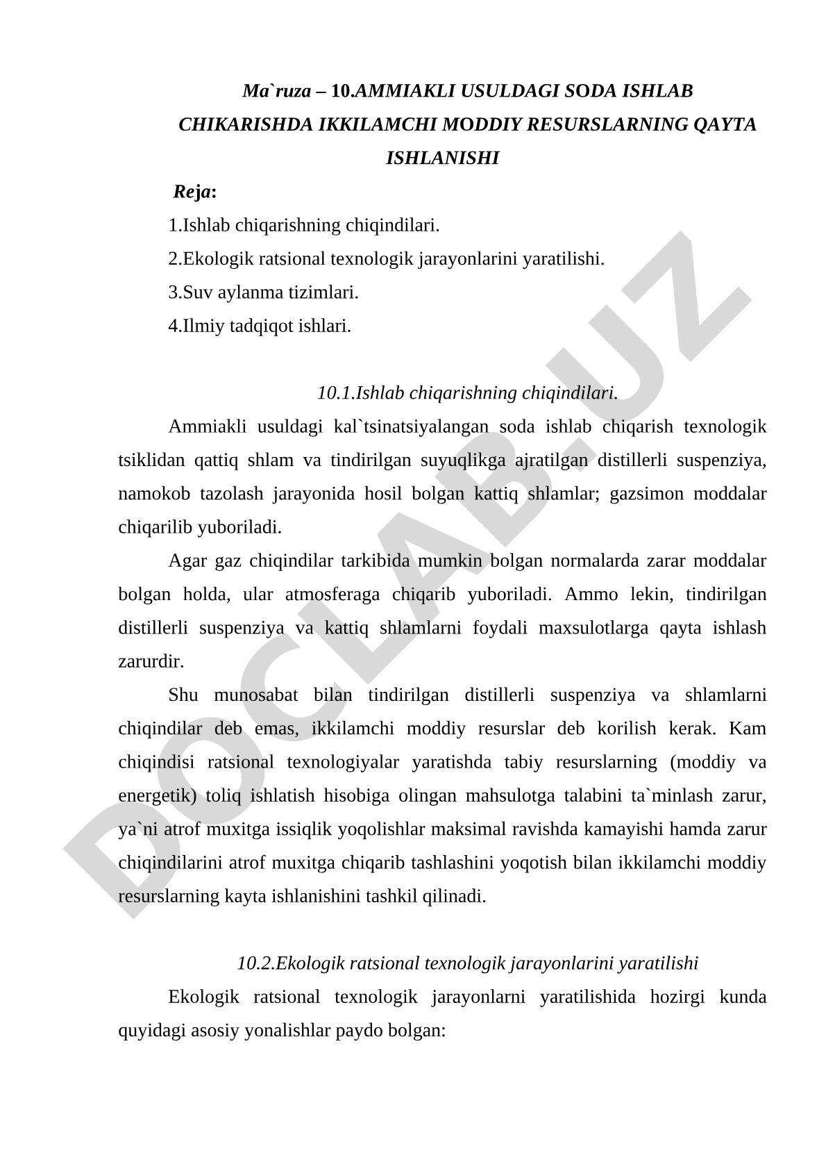 Ammiakli usuldagi soda ishlab chikarishda ikkilamchi moddiy resurslarning Qayta ishlanishi