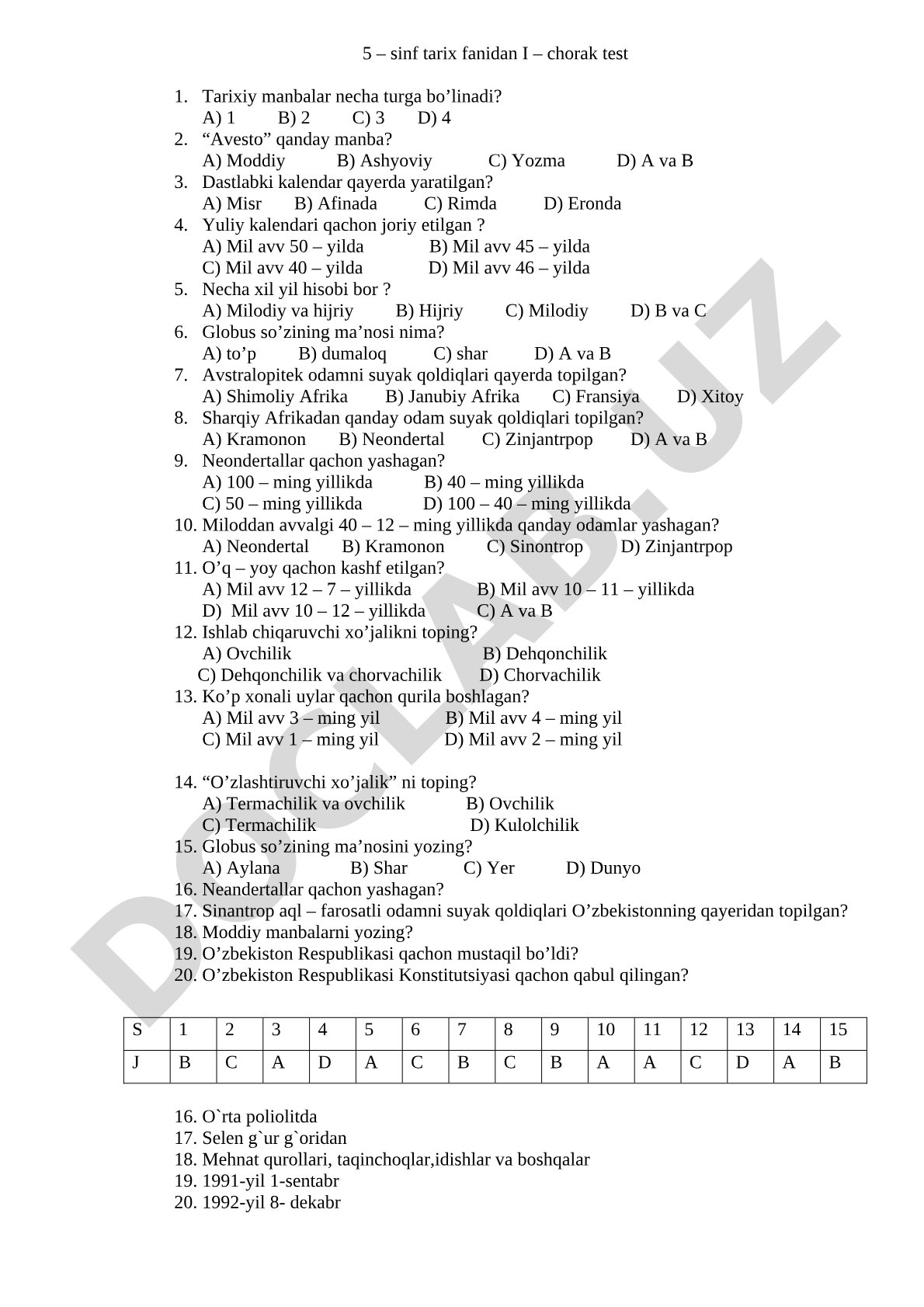 5-sinf tarix fanidan I chorak test