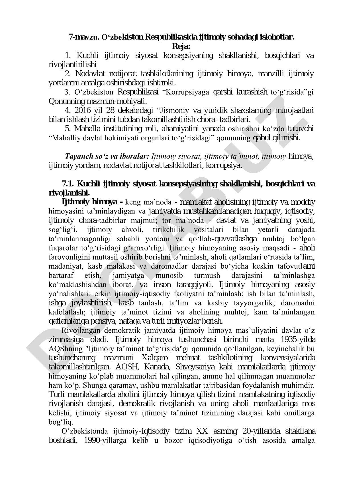 O‘zbekiston Respublikasida ijtimoiy sohadagi islohotlar