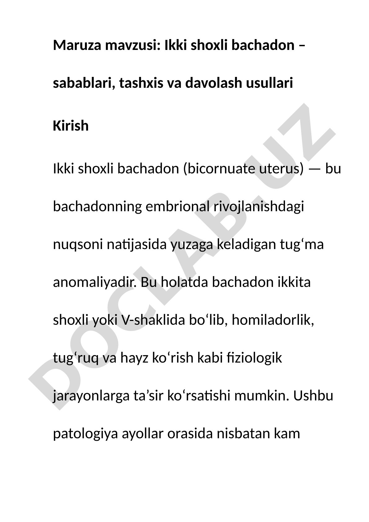 Ikki shoxli bachadon – sabablari, tashxis va davolash usullari