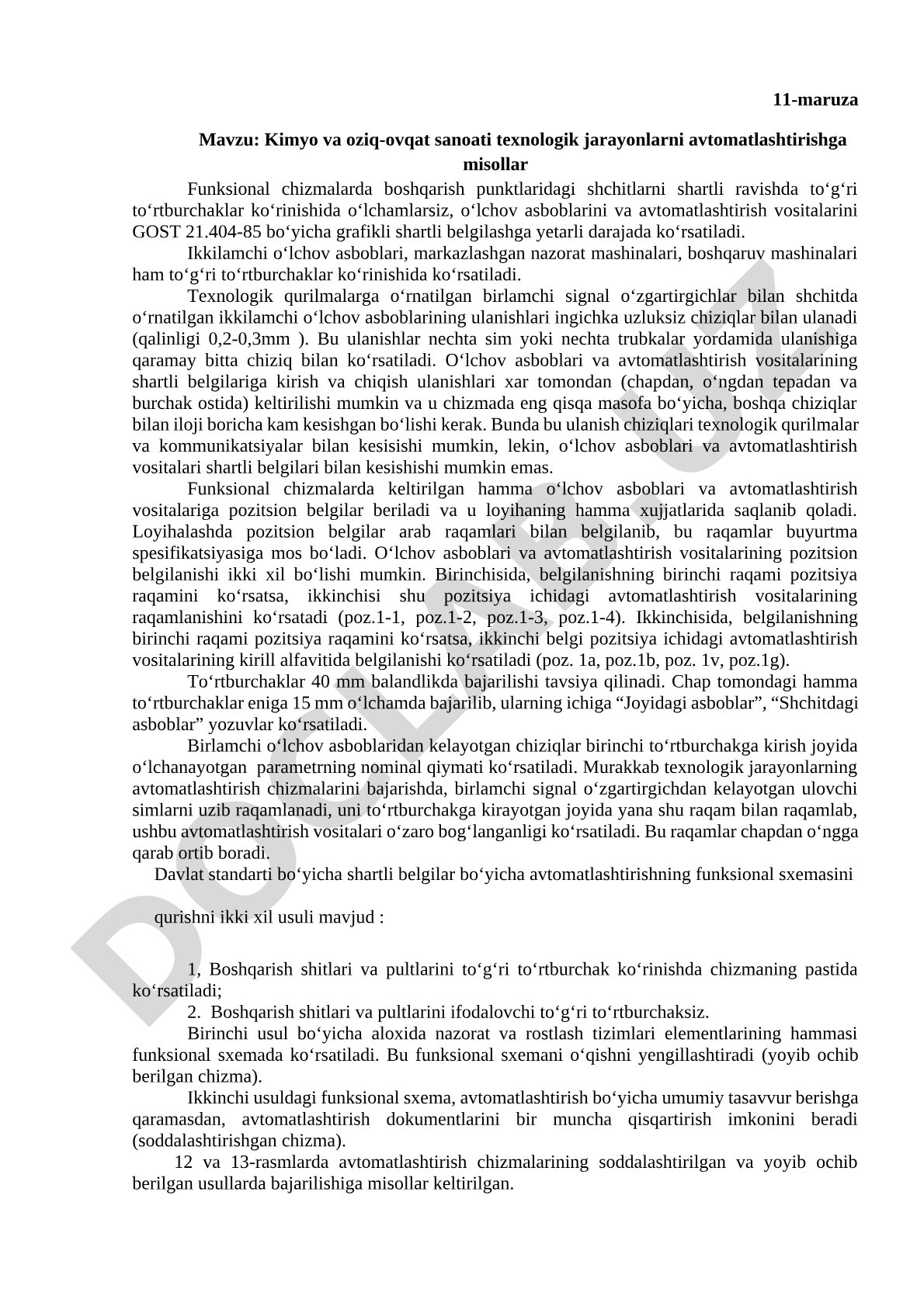 Kimyo va oziq-ovqat sanoati texnologik jarayonlarni avtomatlashtirishga misollar