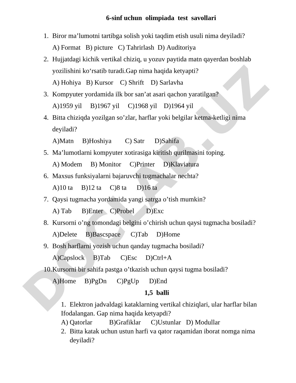 6-sinf uchun olimpiada test savollari
