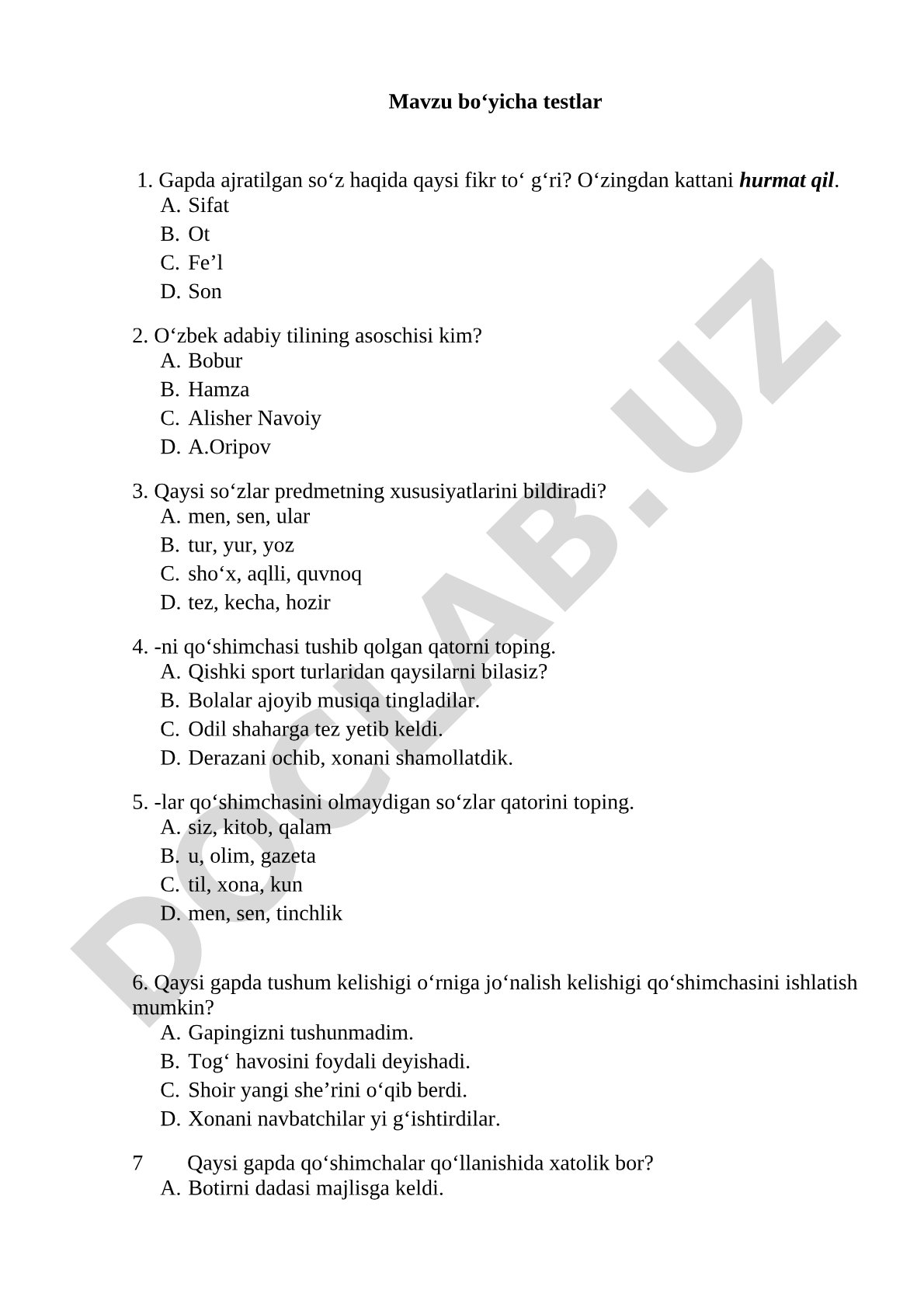 O‘zbek tili grammatikasi bo‘yicha testlar