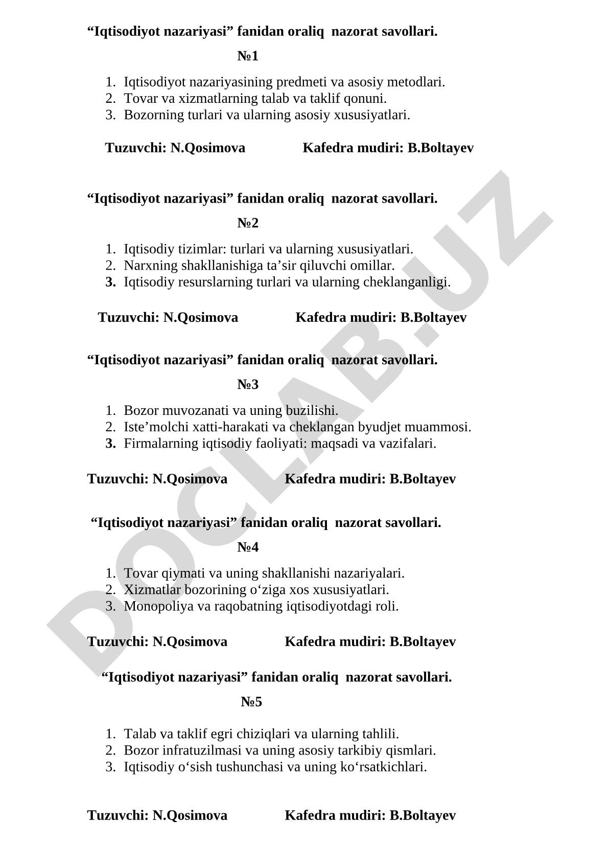 Iqtisodiyot nazariyasi fanidan oraliq nazorat savollari