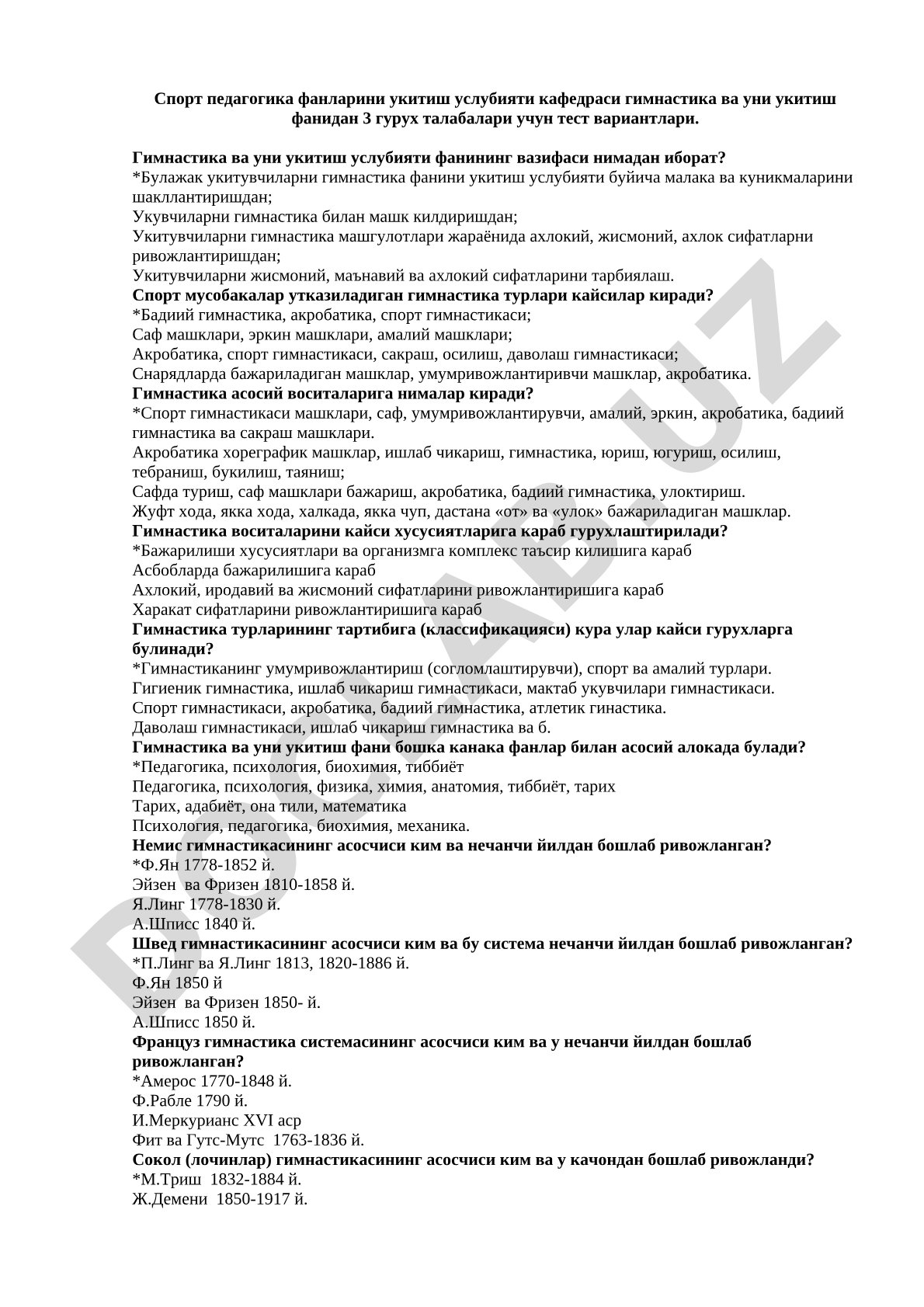 Gimnastika va uni o'qitish metodikasi fanidan test variantlari