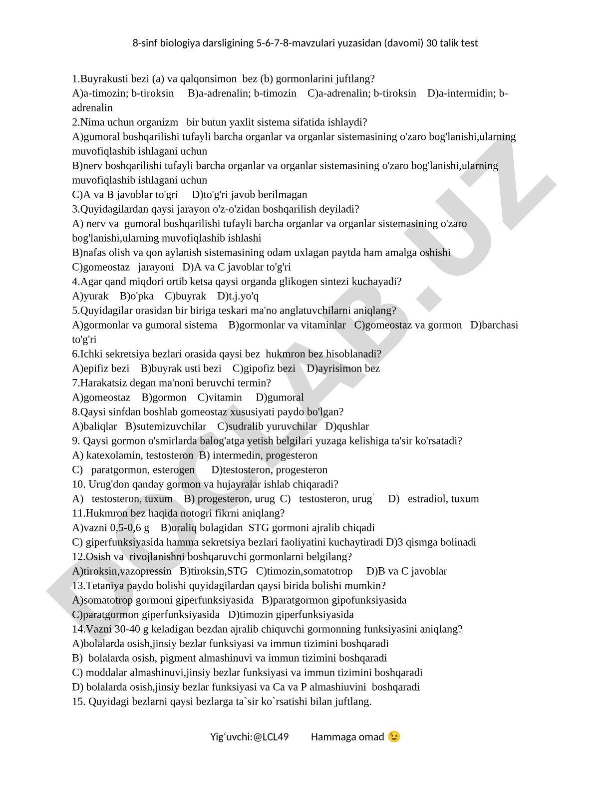 8-sinf biologiya darsligining 5-6-7-8-mavzulari yuzasidan test