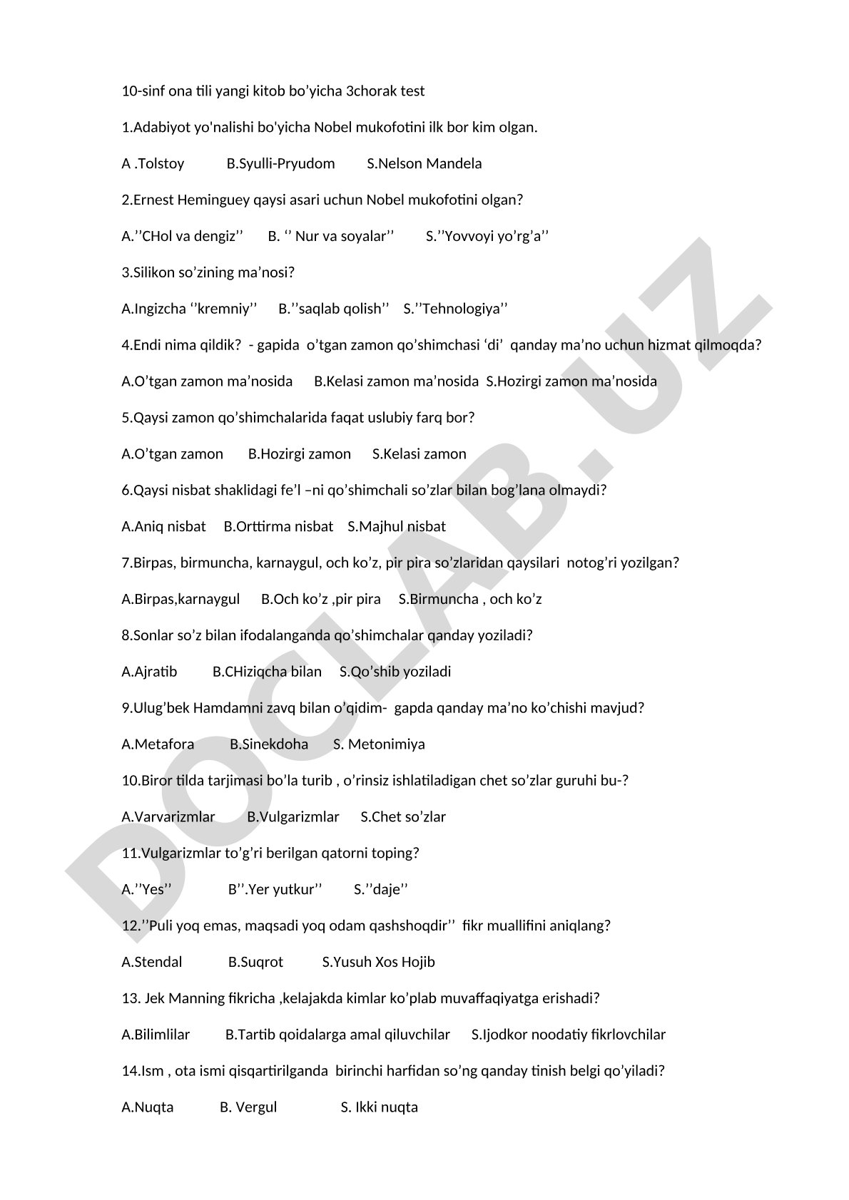 10-sinf ona tili 3-chorak test