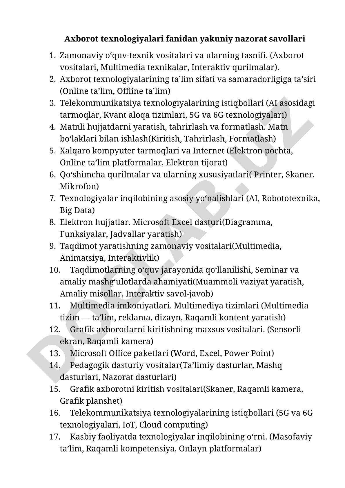 Axborot texnologiyalari fanidan yakuniy nazorat savollari