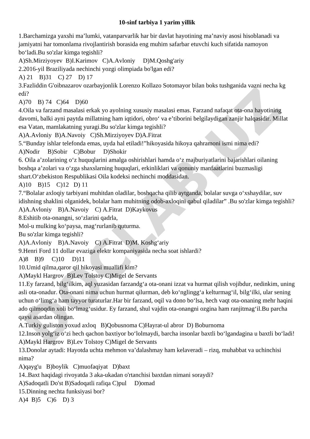 10-sinf tarbiya fanidan 1-yarim yillik test savollari