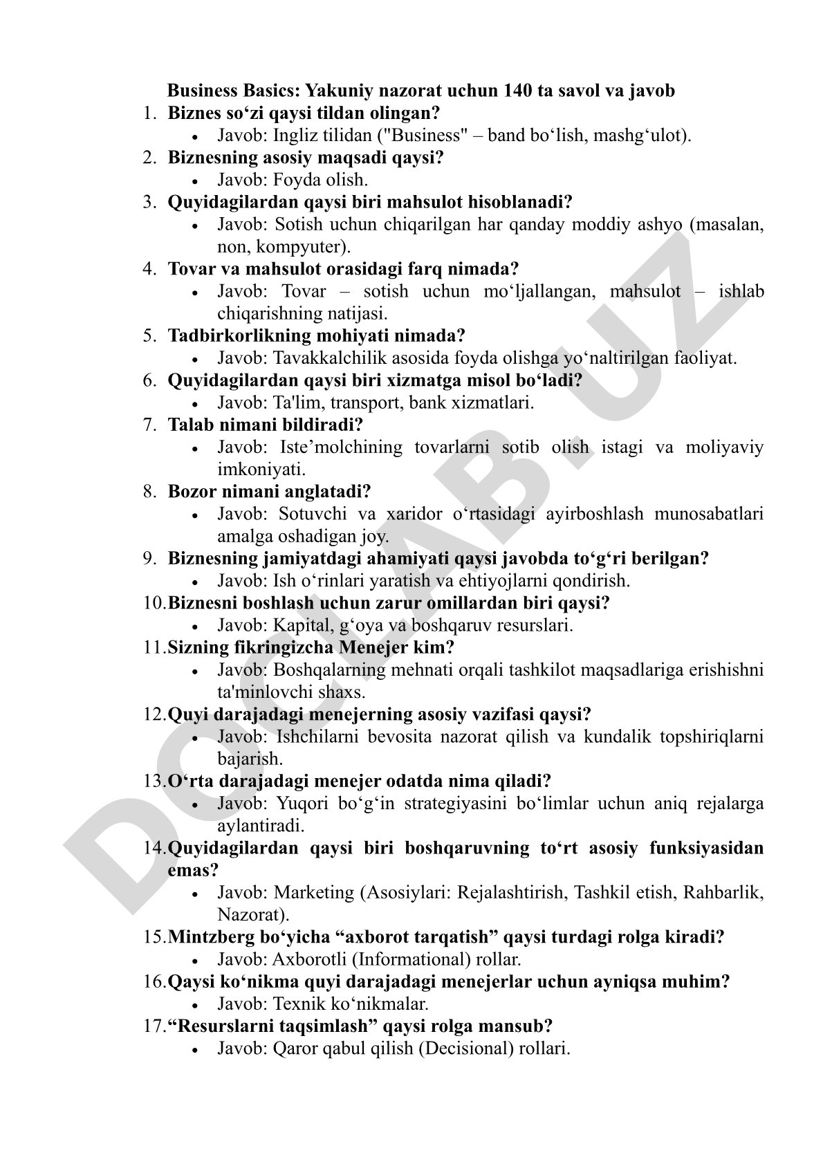 Business Basics: Yakuniy nazorat uchun 140 ta savol va javob