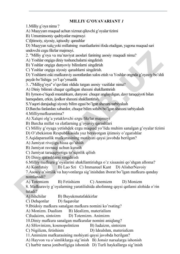 Milliy g'oya va ma'naviyat asoslari fanining test savollari