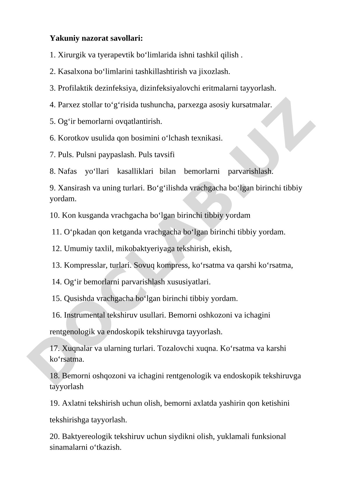 Xirurgik va terapevtik bo'limlarda hamshiralik parvarishi